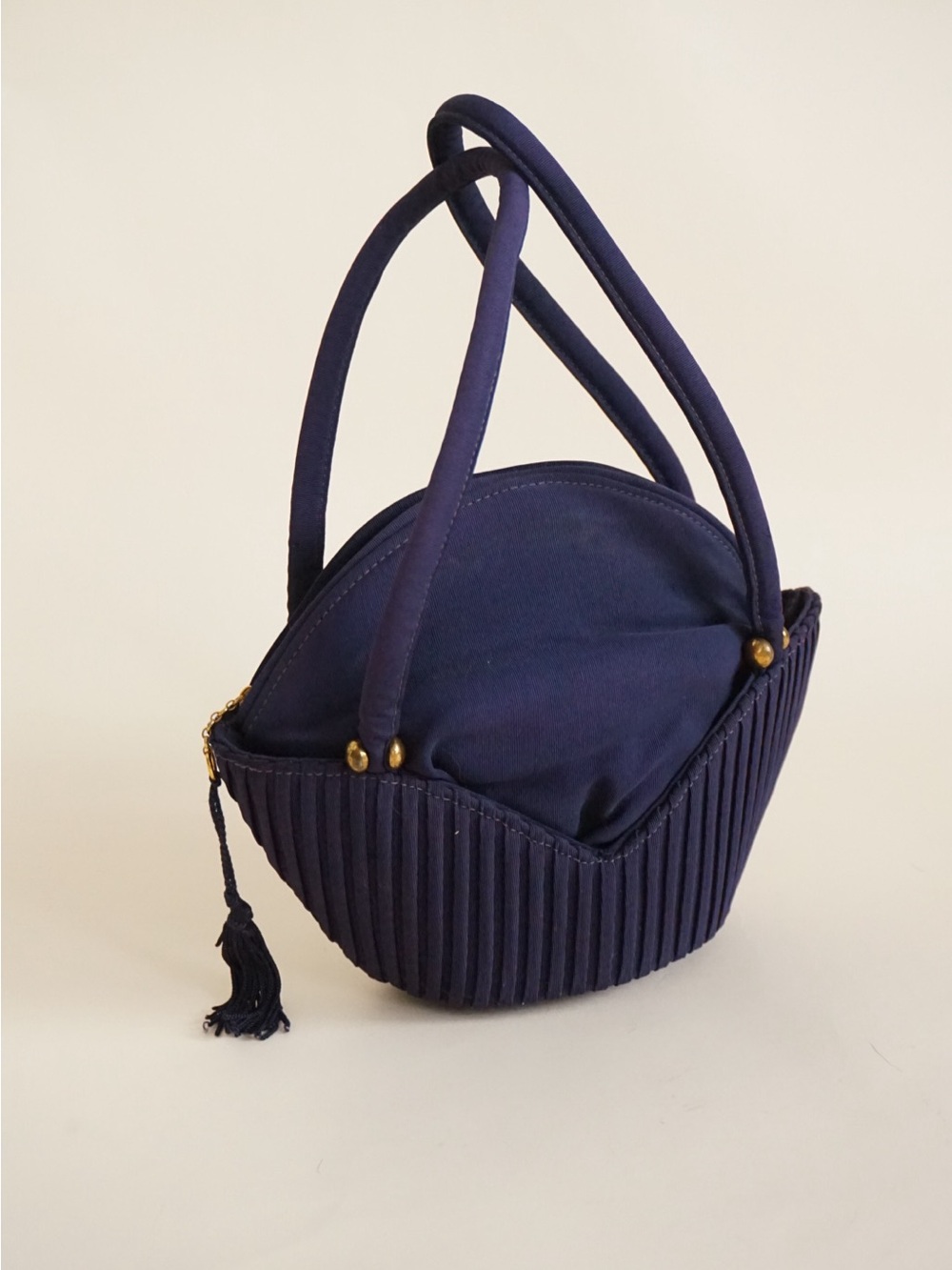 Vintage Boat Navy Blue Pleated Basket Boat Tassle Handbag